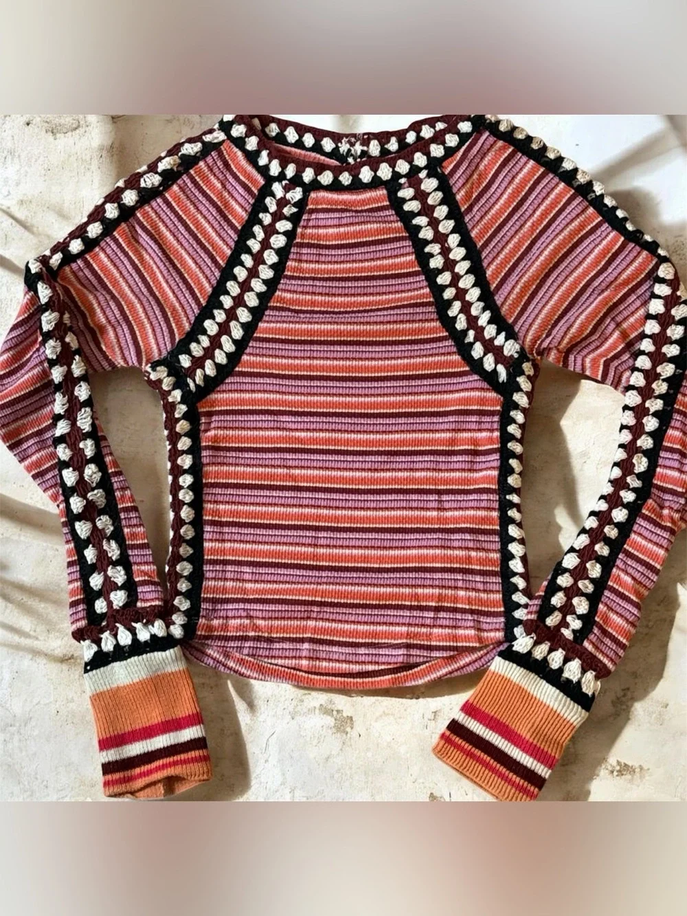 Free People Women’s Striped Pink Multi-Color Crochet Cropped Thermal Top!
